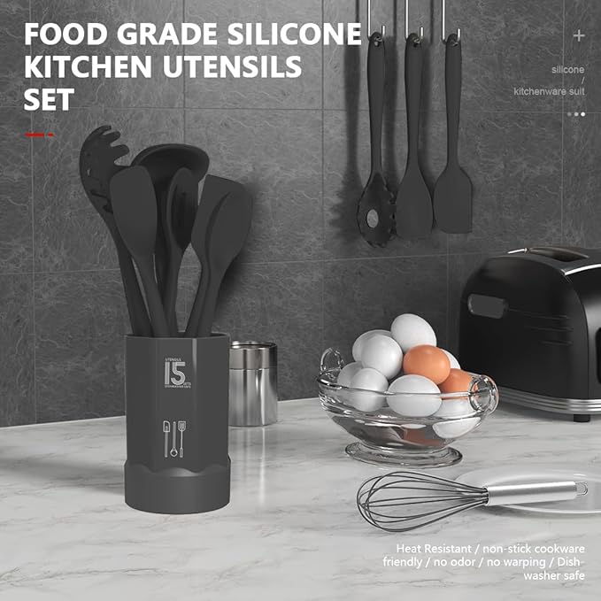 AOTHOD Silicone Cooking Utensils Set - 446°F Heat Resistant Kitchen Utensils,Spatula Sets,Turner Tongs,Spoon,Kitchen Utensil Gadgets Tools Set for Nonstick Cookware,Dishwasher Safe BPA Free (Gray)