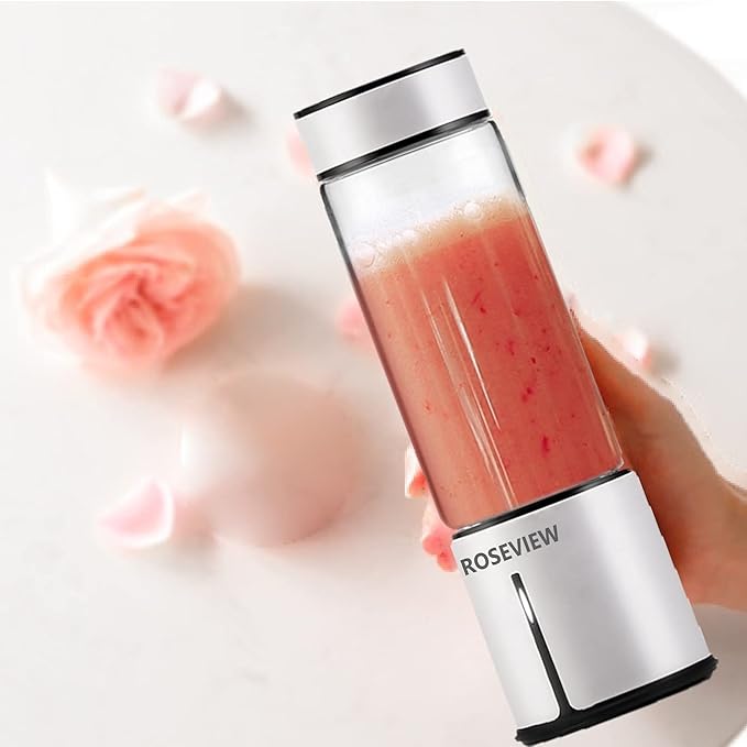 Portable Smoothie Blender ROSEVIEW Glass Cordless Mini Shakes Cup blend for smoothies USB rechargeable juicer 2 battery Handheld Personal travel Jet mixer