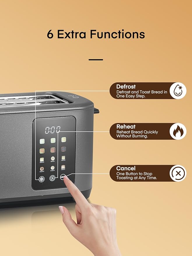 4 Slice Toaster Touch Screen Control, Long Extra Wide Slots Smart Bread Toaster, 6 Bread Types & 6 Shade Settings, Stainless Steel, with Removable Tray, Cancel/Defrost/Reheat Function, Grey