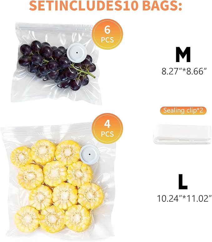 Vacuum Storage Bags Set, 10 Reusable BPA-Free Food Vacuum Sealer Bags with 6 Large (10.23"x11.02") and 4 Medium (8.26"x8.66") Sizes, Triple-Seal Leak-Resistant Design, Includes 2 Sealing Clips