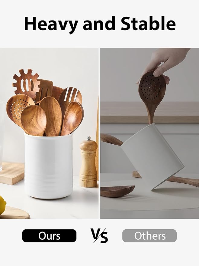 Utensil Holder, 6.7" Ceramic Kitchen Utensil Crock for Countertop Cooking, Modern Utensil Caddy Jar Organizer for Farmhouse Kitchen Counter Decor (White)