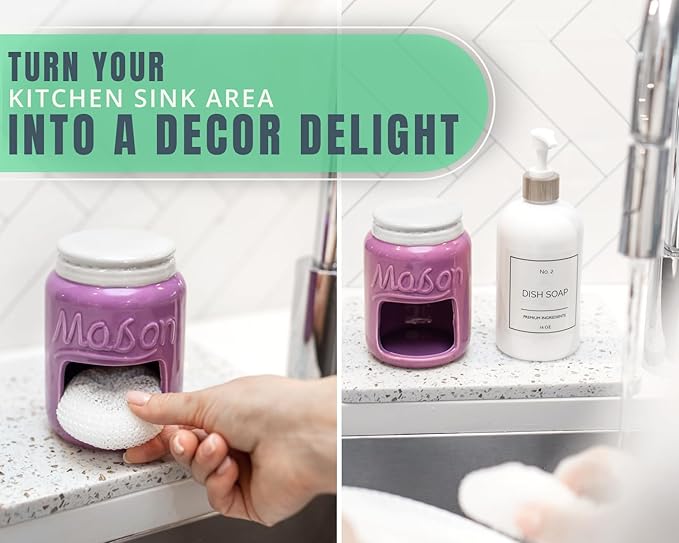 Comfify Ceramic Sponge Holder – Purple Farmhouse Sink Caddy – Mason Jar Kitchen Accessory – Includes Free Sponge