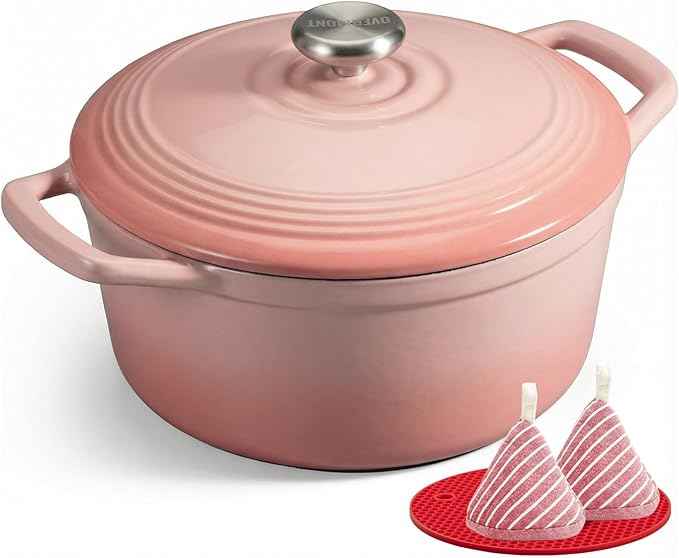 Overmont Refined Enameled Cast Iron Dutch Oven - 5.5QT Pot with Wide Handles Lid Cookbook & Cotton Potholders - Heavy-Duty Pre-Seasoned Cookware Oven Safe to 500°F for Braising, Stews, Roasting, Bread Baking
