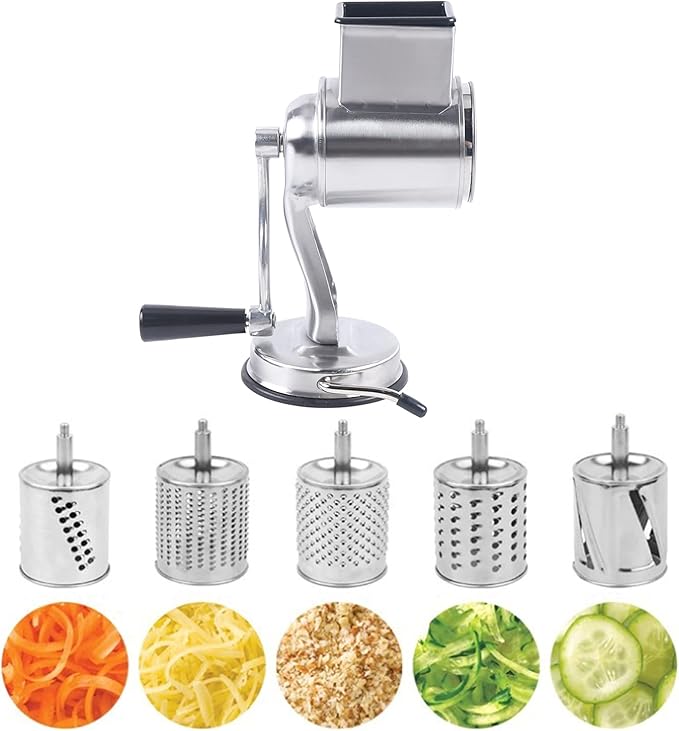 Rotary Cheese Grater Vegetable Potato Slicer Upgrade Stainless steel Rotary Handheld Grater Food Grater with 5 Blades for Vegetable Chesse Chocolate