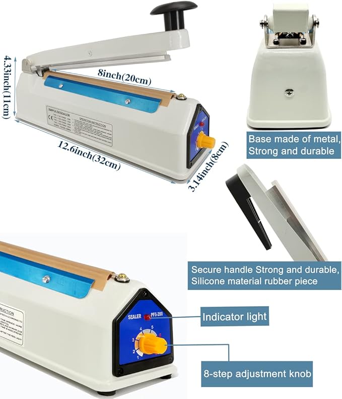 Impulse Heat Sealer 8 inch Mylar Bag Sealer, Heat Sealer for Plastic Bags, Metal Iron Shell, Impulse Sealer 3mm Sealing, Manual Hot Seal Machine with 8 Repair Kits(Included 2 Cutter Lines)
