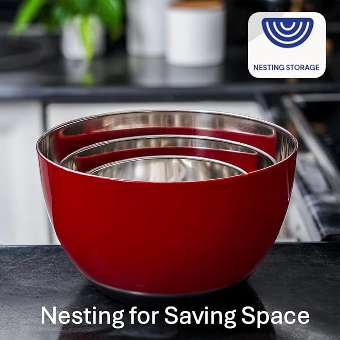 WHYSKO® Stainless Steel Mixing Bowls (Set of 3) with Non-Slip Silicone Base for Kitchen, Dishwasher Safe Bowls for Meal Prep, Cooking, Baking, Serving, Food Storage (Red)