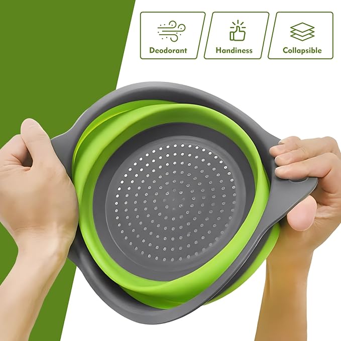 Silicone Colander Collapsible Strainers Set for Kitchen- 2 Pack (5Qt) -Over Home Draining Basket, Food Vegetables & Fruits-Dishwasher Safe, Space Saving Design (Greeen)