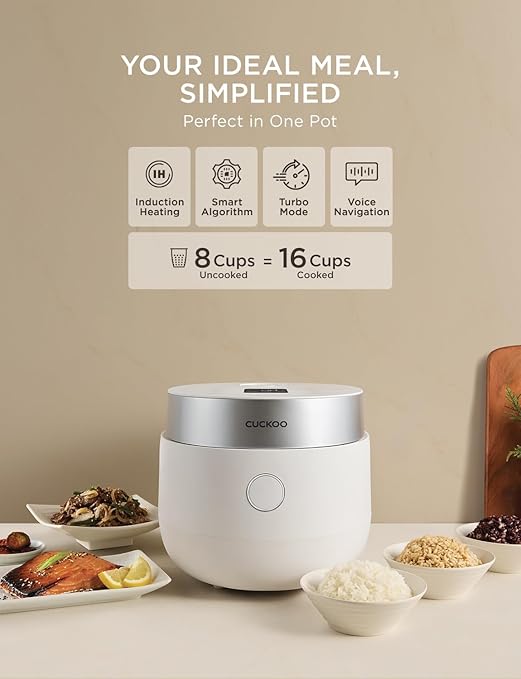 CUCKOO Micom Rice Cooker 8-Cup Uncooked / 16-Cup Cooked with Induction Heating Technology, Versatile Rice Maker with 12 Menu Options and Steam Plate, Voice Guide, White (CR-HA0810FW)