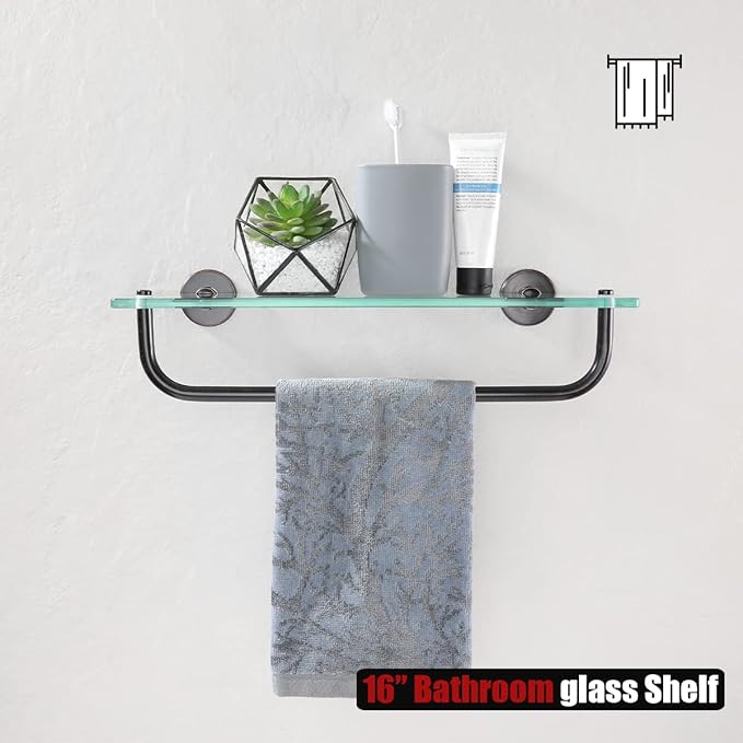 JQK Bathroom Glass Shelf Bronze, Shelf with 15 Inch Towel Bar Tempered Glass Shower Storage 16 by 5 inches, 304 Stainless Steel Oil Rubbed Bronze Wall Mount, TGS100-ORB
