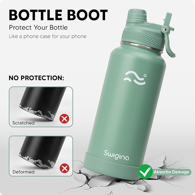 Swigina [2-IN-1 LID] Insulated Water Bottle with Silicone Boot (36hrs Cold/18hrs Hot) - DIY Stickers, Leakproof, BPA Free, 32 oz