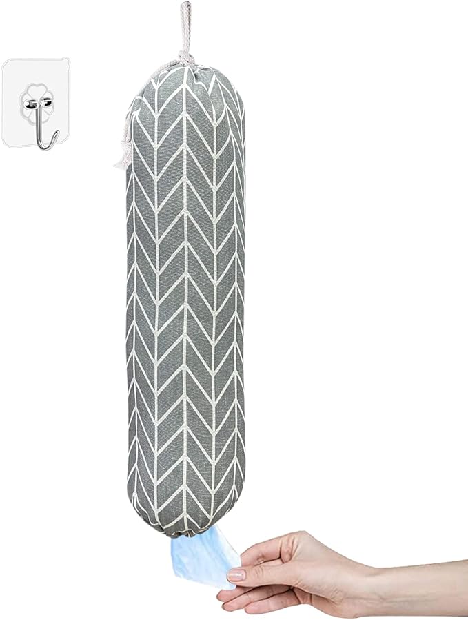 Wall Mount Plastic Grocery Bag Organizer/Holder,Washable Shopping Bags Carrier,Storage Dispenser for Home Kitchen Travelling, Free Adjustment with Drawstring, Large, Gray, 22x9"