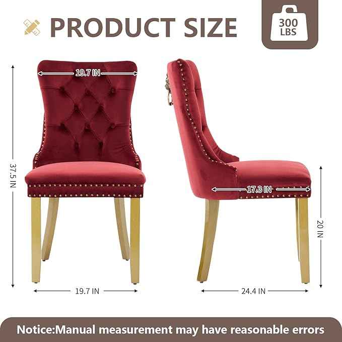 Velvet Dining Chairs Set of 2, Modern Tufted Dining Room Chair, Upholstered Dining Chairs with Lion Head Pulls Ring and Golden Solid Wood Legs, Luxury Kitchen Chairs for Dining Room, Burgundy