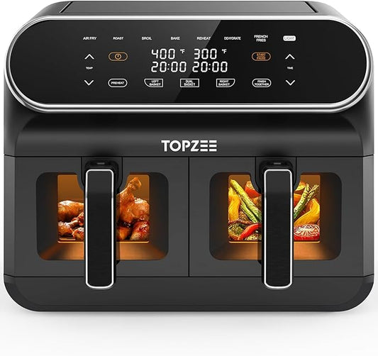 TOPZEE 8 Quart Large Air Fryer - Dual Basket Airfryer with Easy View Windows, Preheat, Air Fry, Roast, Broil, Bake, Dehydrate, 2 Independent 4 QT Nonstick Dishwasher Safe Baskets, Black