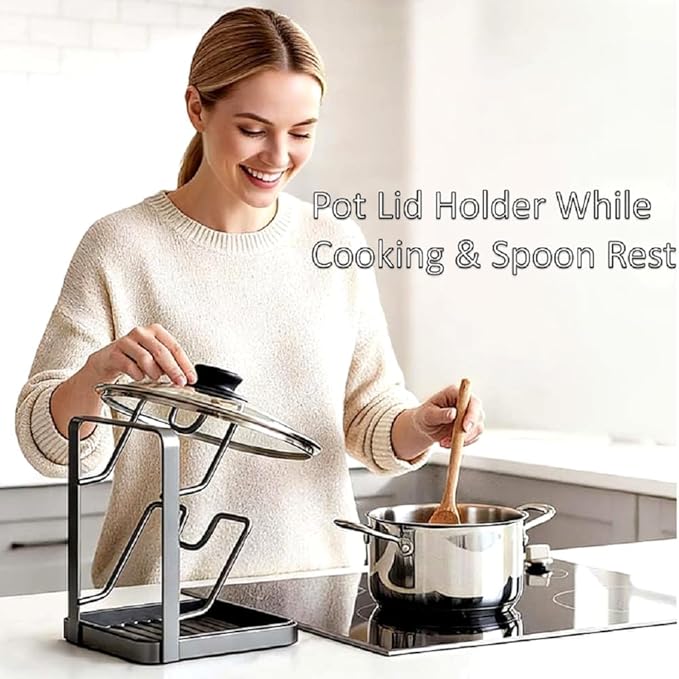 Peaoop Kitchen Pot Lid Storage Rack,Countertop Pot Lid Holder With Spoon Rest,Multifunctional Pot Lid Organizer with Removable Drip Tray for Countertop Kitchen Space Tidy (Grey, One Layer)
