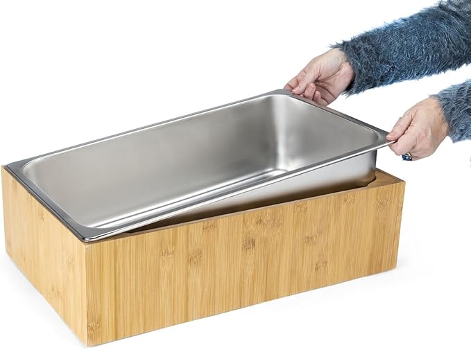 Displays2go 21" x 6.5" Ice Housing Tray - Bamboo and Steel Ice Housing Container - Removable Tray for Display Buffets - Bamboo (FSIHWOODL)