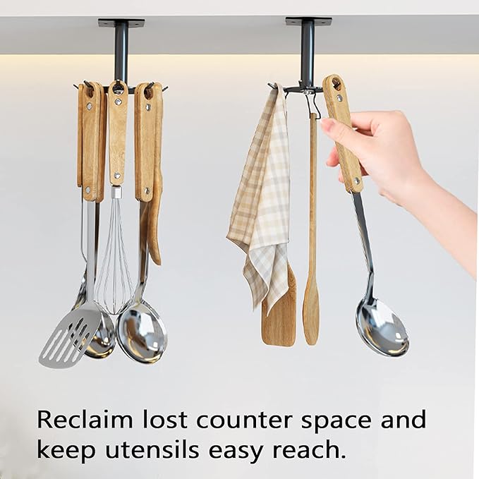 2 Pcs Under Cabinet Metal Utensil Hanger with 6 Rotatable Claws, Top and Wall Mounted Kitchen Lazy Susan for Utensils Rack Hooks Holder