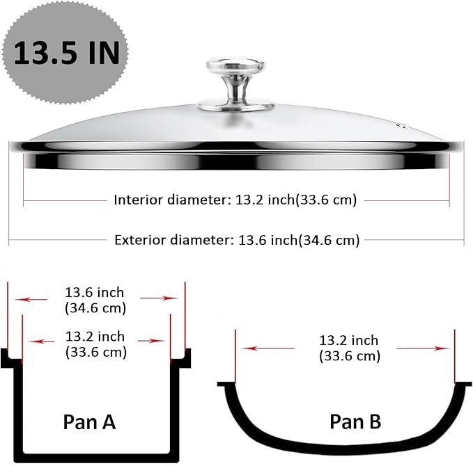 13.5 Inch Glass & Stainless Steel Lid with Steam Vent, Universal lid for Pots, Pans, Skillets and Woks, Large Covers Replacement of 34cm, Fits Pots With Inner dia 13.2-13.6 Inches