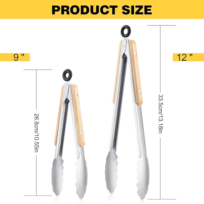 2 Pcs Tongs For Cooking - 9 Inch and 12 Inch, Stainless Steel Kitchen Tongs, Heat Resistant 1100°F, Pull Ring Lock, Solid Wood Handles, For Grilling, Barbecuing, Cooking