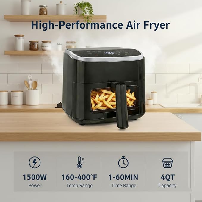 HealSmart 4 Qt Air Fryer with Visible Window, 8-in-1 Digital Airfryer with Interior Light, 1500W, Nonstick Dishwasher-Safe Basket for Fries, Bake, Wings, 60-Min Timer, Black