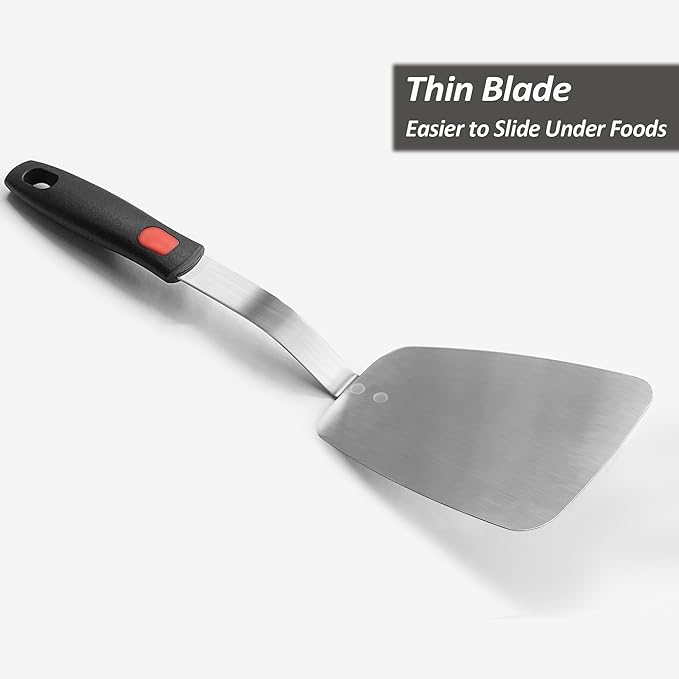 Stainless Steel Flexible Spatula Solid Turner, XiaoZu Thin Metal Spatula for Cast Iron Skillet, Thin Blade and Heat Resistant Silicone Handle, Great for Egg, Cookie, Meat, Crep, Medium + Large