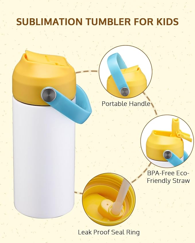 OFFNOVA 12oz Kids Sublimation Tumbler, 4 Pack Stainless Steel Sippy Cup Blank, Vacuum Insulated Water Bottle with Leak-Proof Straw Lid