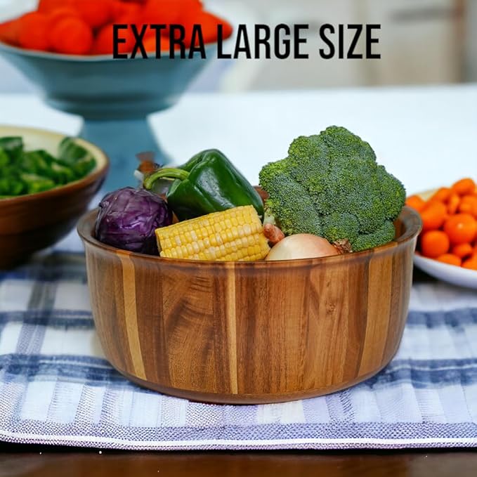 Extra Large Wooden Salad Bowl - 12“ x 5” Acacia Wood Serving bowl with 2 servers, Large Fruit bowl for food with serving utensils, Housewarming Wedding Christmas Gift