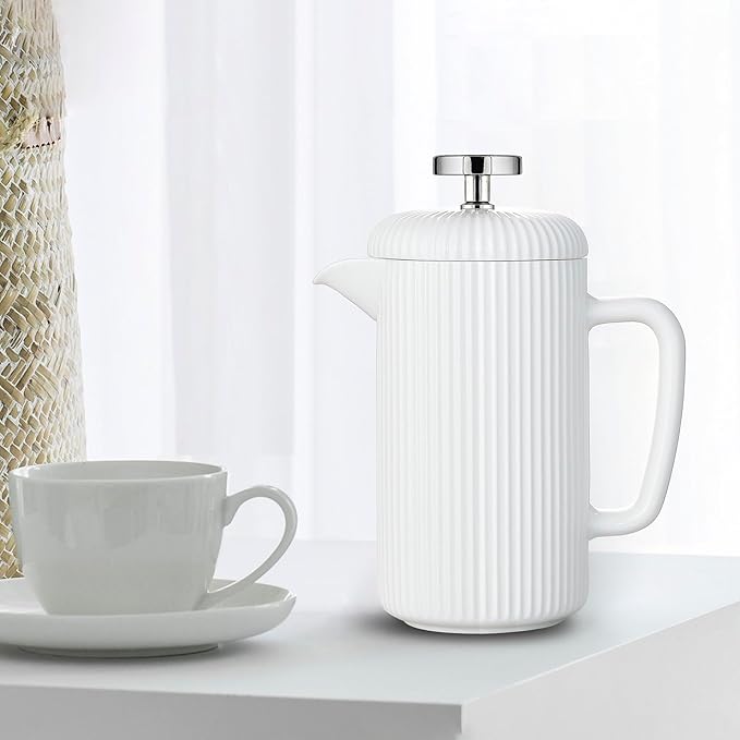 Easyworkz Porcelain French Press 22 fl oz, Coffee Tea Maker with Stainless Steel Plunger, Ivory