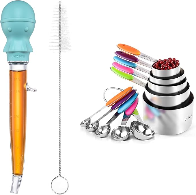 U-Taste 18/8 Stainless Steel Measuring Cups and Spoons Set of 10 Piece, Upgraded Thickness Handle (Multicolors) and 1.5oz Heat-Resistant Angled Turkey Baster with Cleaning Brush (Aqua Sky)