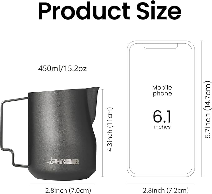 MHW-3BOMBER Milk Frothing Pitcher 450ml/15.2oz Milk Frother Cup Espresso Steaming Pitcher Stainless Steel Milk Frother Cup Barista Latte Art Round Spout Milk Jug P6001S