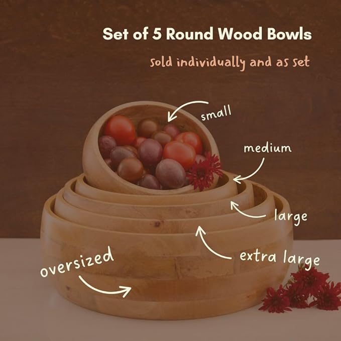 Medium Salad Bowl, 13" Wide, Kitchen Countertop Fruit Bowl, Serving Dish for Pasta, Bread, Mixing Bowl, Farmhouse Style, Mango Wood, Round, Serves 4-5