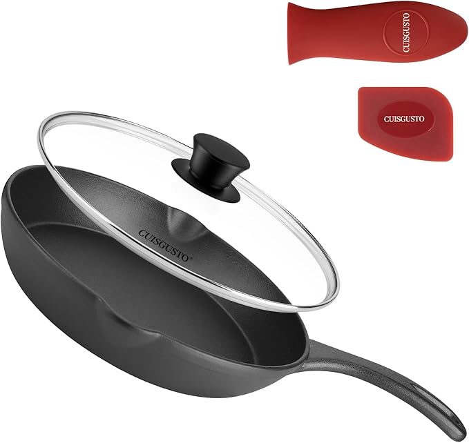 8 Inch Cast Iron Skillet with Tempered Glass Lid, Pre-Seasoned, Even Heat Distribution, Silicone Handle Cover & Pan Scraper, Ideal for Breakfast & Everyday Cooking