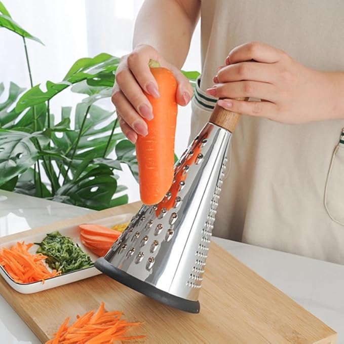 Ciieeo Stainless Steel Vegetable Grater with Wooden Handle - 3-Sided Cone Cheese and Fruit Shredder for Kitchen Use