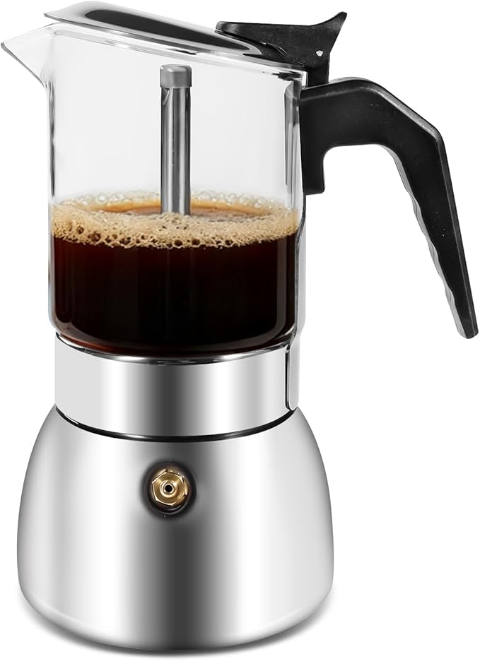 Moka Pot Stovetop Espresso Maker, Crystal Glass-Top & 304 Stainless Steel Italian Coffee Brewer, 300ml 6-Cup Espresso Pot for Home & Camping, Silver