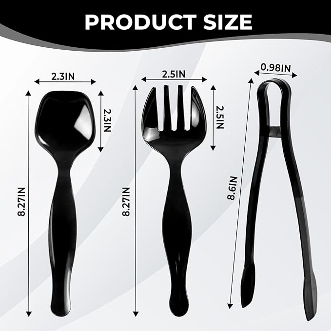 18 Count Plastic Serving Utensils Set, Disposable Serving Utensils for Catering Party Events, Including Black Plastic Spoons, Tongs and Forks (Black, 18pcs utensils)