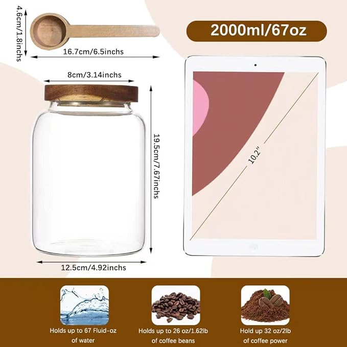 Glass Coffee Storage Jar with Lids Scoop Round Glass Coffee Ground Containers Borosilicate Glass Food Canister for Cereals Oats Beans Nut Sugar Candy Spice Rice Tea