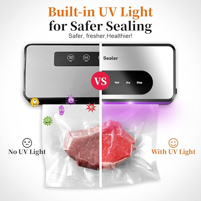 Vacuum Sealer Machine with UV-C Light, Includes Mason Jar Sealer Kit and 2 Bag Rolls, Digital Display & Built-in Cutter, Fully Automatic Dry & Moist Modes, Compact for Food Storage and Sous Vide