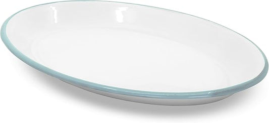 Red Co. Enamelware Metal Classic 13" Serving Oval Tray Platter, Solid White/Teal Rim