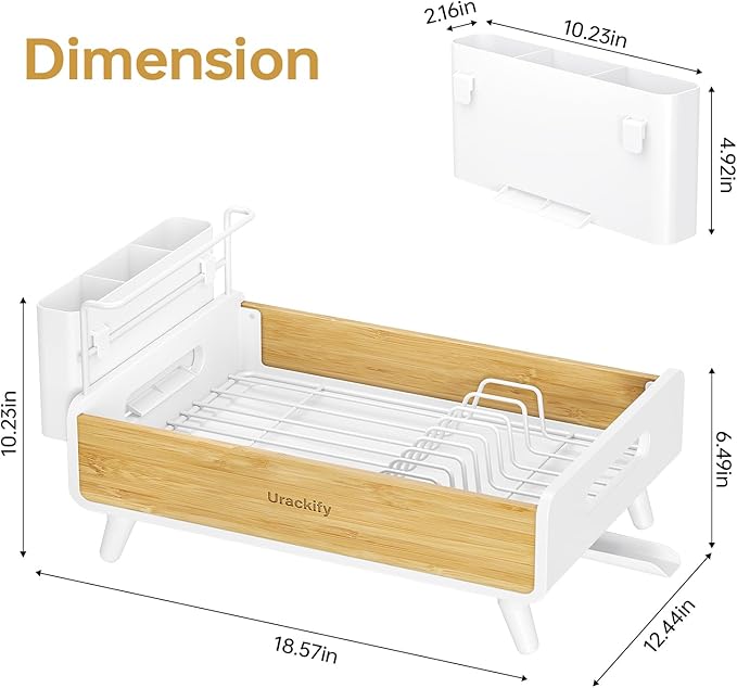 Urackify Dish Drying Rack for Kitchen Counter - Stainless Steel & Bamboo Dish Rack with Large Removable Utensil Holder, Dish Drainer with Adjustable Automatic Spout, White
