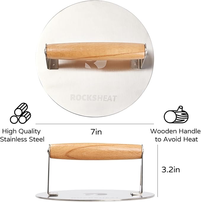 Smash Burger Press, 7 Inch 3mm Thickened Food Grade Stainless Steel Heavy Duty Round Grill Griddle Press with Wood Handle, Non-Stick for Hamburger Bacon Steak Panini
