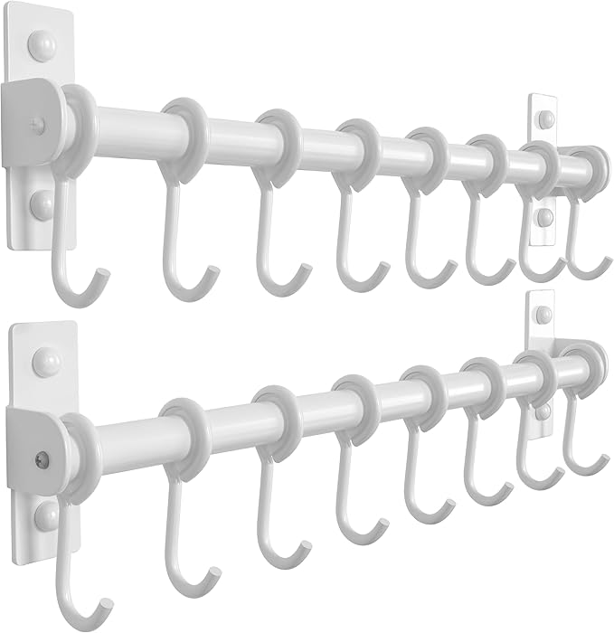 Dseap Kitchen Hooks for Hanging Utensils, Hanging Pot Rack, Kitchen Utensil Hanger Rail with 8 Hooks for Pots Pans, Spoons, Mugs, Wall Mounted, Stainless Steel, White, Pack of 2