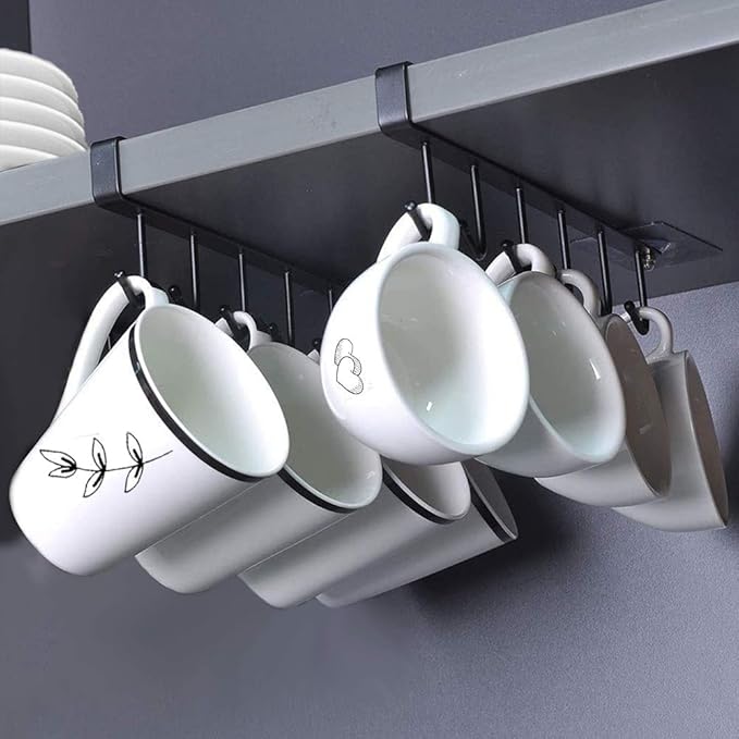 AliCH 2pcs Mug Hooks Under Cabinet Mug Holder Rack,Nail Free Adhesive Coffee Cups Holder Hanger for Cups/Kitchen Utensils/Ties Belts/Scarf/Keys Storage, Fit for 0.8inch Thickness Shelf or Less (Black)