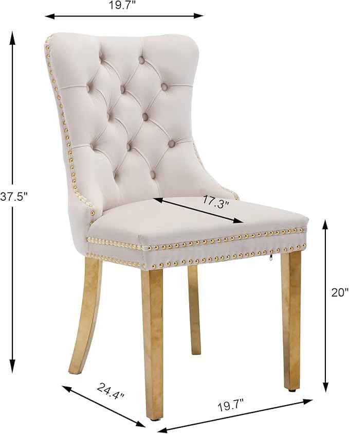 Beige Velvet Dining Chairs Set of 6, Upholstered Dining Room Chairs with Back Ring Pull Trim and Golden Stainless Steel Legs,Modern Kitchen Chairs for Dining Room,Living Room,Kitchen(Beige)