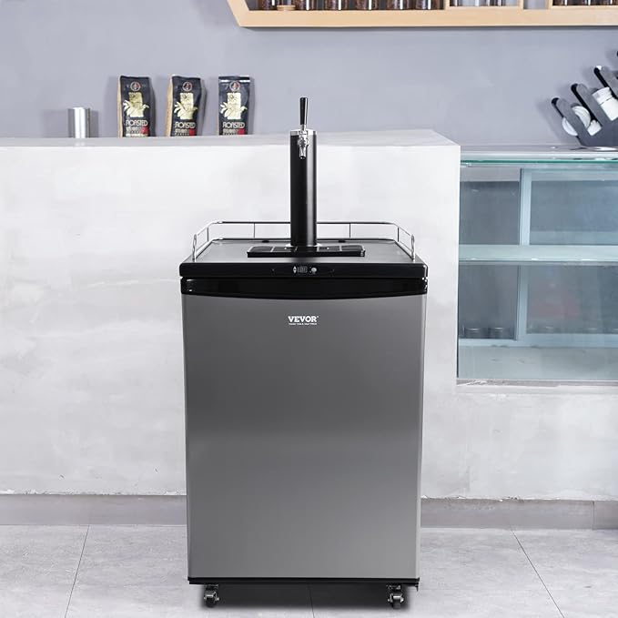 VEVOR Beer Kegerator, Single Tap Commercial Draft Beer Dispenser for D system, Full Size Keg Refrigerator with 5lbs CO2 Tank, Hold 2 Sixth / 3 Ball lock keg, Silver