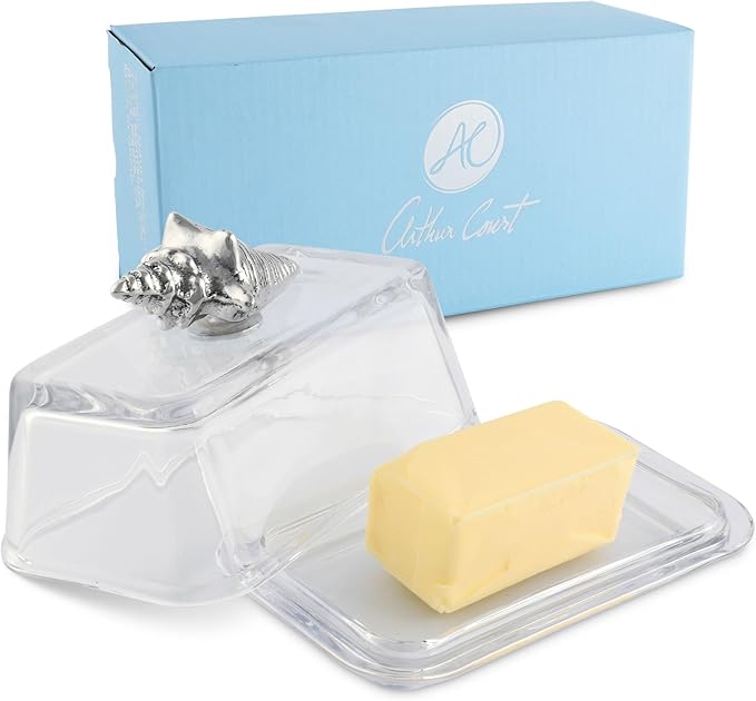 Arthur Court Glass Butter Dish with Lid Shell Knob | Classic 2-Piece Design Covered Butter Keeper | Covers and Holds a Standard Stick of Butter | Ocean / Seaside Décor