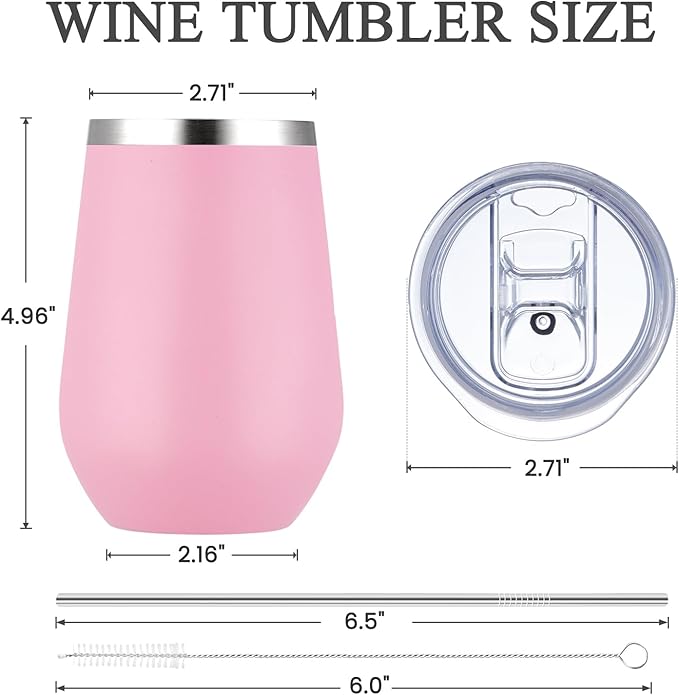 MEWAY Stemless 12oz Insulated Wine Tumbler with Lid and Straw - Double Wall Stainless Steel Thermal Cup for Hot and Cold Drinks, Bridal Shower Prizes for winners(Pink,Set of 8)