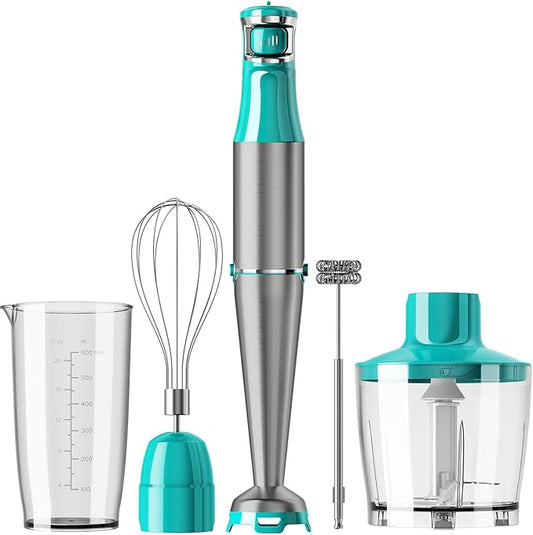 Turelar Immersion Blender Handheld Corded Hand Blenders Set 1100W, Trigger Variable Speed 5 in 1 Stick Emulsifier with Chopper, Whisk and Frother for Soup, Baby Food and Smoothies, Cyan Blue