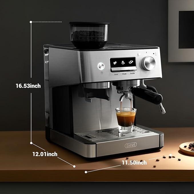 Gevi 20 Bar Espresso Machine with Built-in Grinder & Milk Frother | Professional Coffee Maker for Home | Cappuccino, Latte, 2.3L Removable Water Tank, Stainless Steel Steam Wand