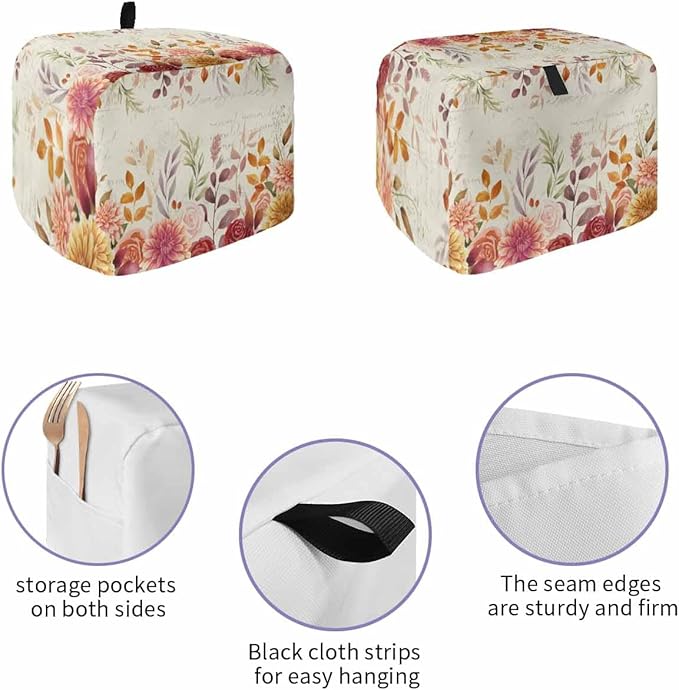 Red Orange Floral Fall Toaster Cover 2 Slice, Thanksgiving Eucalyptus Leaves Dustproof Bakeware Oven Protector with Top Hook, Rustic Waterproof Small Kitchen Appliance Toasters Dust Cover, 11"x6"x8"