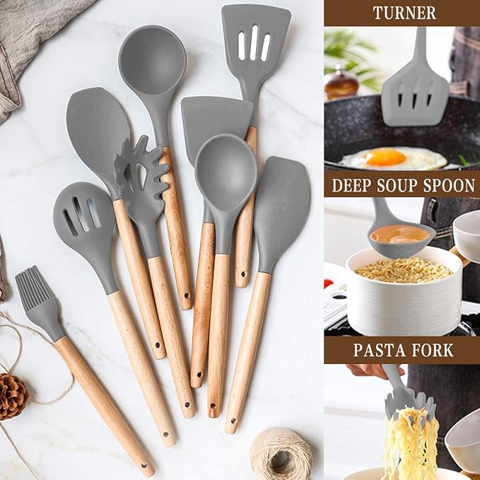 Umite Chef Kitchen Cooking Utensils Set, 33 pcs Non-stick Silicone Spatula Set with Holder, Woodle Handle Heat Resistant Gadgets Utensil (Gray)