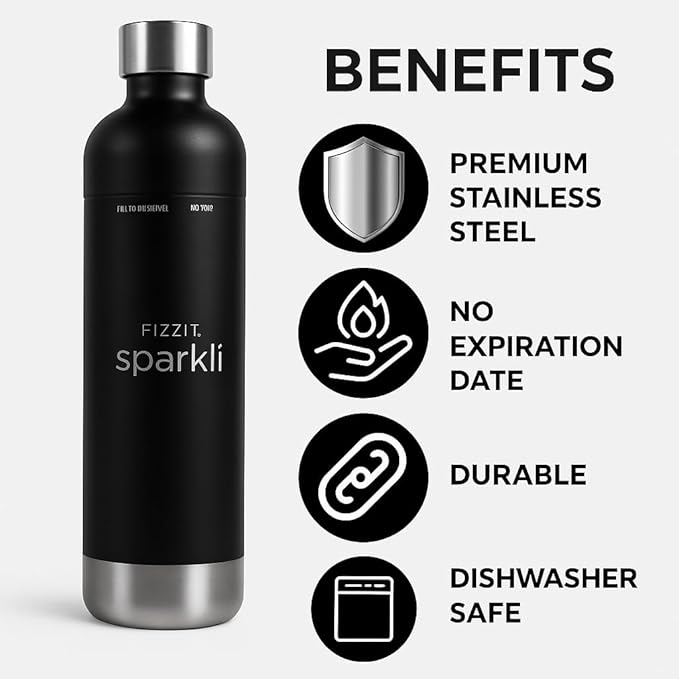 Fizzit Sparkli Carbonated Soda Maker with 1L Stainless Steel Bottle | Customizable Carbonation | Soda Streaming Fizzy Water Machine | Luxury Bubbles, Dishwasher Safe & Eco-Friendly Reusable Bottle